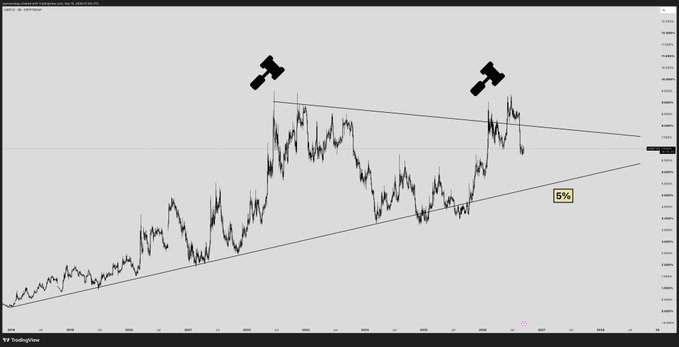The image shows a TradingView chart displaying USDT.D (Tether Dominance) within a converging symmetrical triangle pattern, with two hammer candle formations highlighted near the upper resistance trendline. A "5%" annotation appears on the chart, and the post's reference to "hammer time" directly corresponds to these hammer candlestick patterns suggesting a potential bullish reversal for USDT dominance.