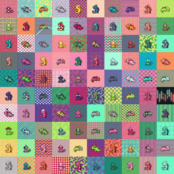 A vibrant grid of colorful, patterned tiles displays stylized chameleon characters against varied backgrounds, illustrating the vast combinatorial diversity of the HyperChameleons NFT collection on Hyperliquid, with no legible text visible in the image itself.