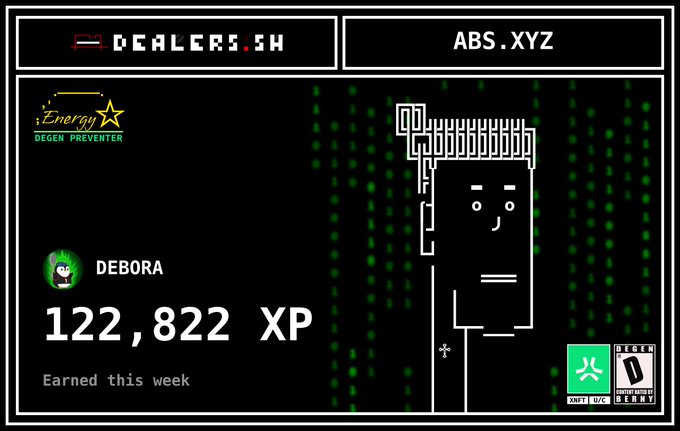 A digital badge/display from DEALERS.SH (ABS.XYZ) showing 'DEBORA' with 122,822 XP 'Earned this week', featuring a pixel-art character design and 'Energy Degen Preventer' branding.