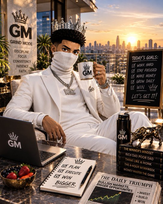An AI-generated image shows a man in a white suit wearing a crown and face mask, holding a 'GM' mug, with a 'GM GRIND MODE' sign listing values like discipline and focus, and a chalkboard with goals including 'WORK HARD' and 'WIN'.