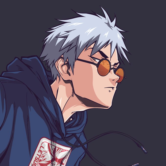 An anime-style illustration depicts a character with spiky white hair, orange-tinted sunglasses, and a dark hoodie.