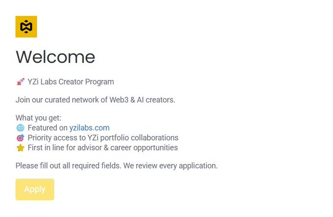 The image shows a screenshot of an email from YZi Creator Program, which appears to be a job application form for a creator program. The email invites users to join their curated network of Web & AI creators by filling out the required fields. It also provides information about the program and features that can help users find opportunities on Monday.com.