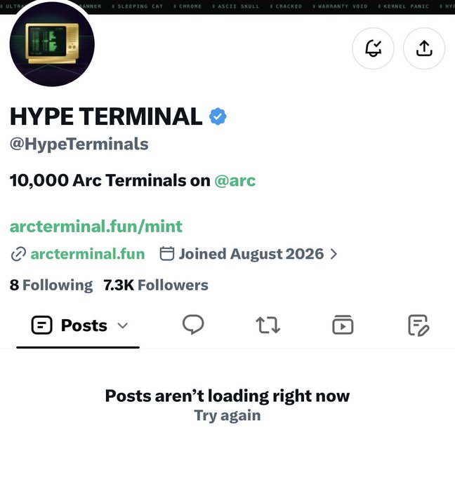 A Twitter/X profile screenshot for 'HYPE TERMINAL' (@HypeTerminals), showing 7.3K followers, joined August 2026, with a description '10,000 Arc Terminals on @arc' and a link to arcterminal.fun/mint.