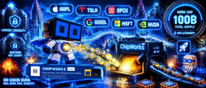 A promotional graphic for the 'ChipWorks' token featuring stock tickers (AAPL, TSLA, SPCX, GOOGL, MSFT, NVDA), a robot character, and details like 'HARD CAP 100B TOTAL SUPPLY' and 'ON-CHAIN BURN'.