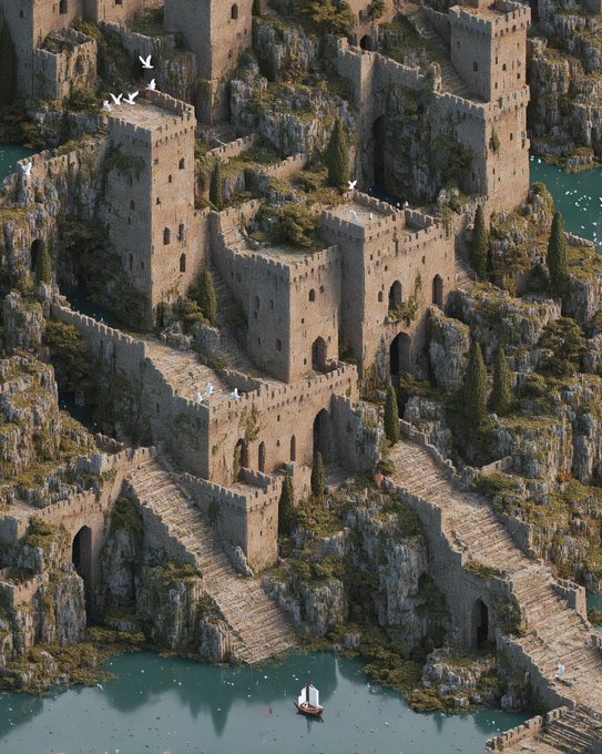 A detailed, fantasy-style illustration shows a massive stone fortress or castle complex built into steep, rocky cliffs beside a body of water where a small sailboat floats.