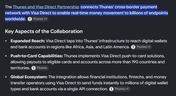 The image shows a highlighted text excerpt detailing the Thunes and Visa Direct Partnership, which connects Thunes' cross-border payment network with Visa Direct for real-time money movement worldwide, covering key aspects like Expanded Reach (digital wallets and bank accounts in Africa, Asia, and Latin America), Push-to-Card Capabilities (covering 190+ countries), and Global Ecosystems (single API connection). This directly supports the post's context about Thunes being a key Singapore-based collaborator with Visa Direct, complementing the news of Visa's stablecoin platform launch.