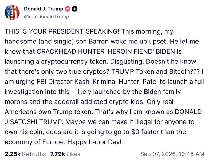 A screenshot of a Truth Social post by Donald J. Trump (@realDonaldTrump) dated September 7, 2026, in which he rants about Hunter Biden launching a cryptocurrency token and promotes 'TRUMP Token' as one of the 'two true cryptos'.
