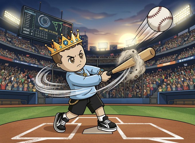 A cartoon illustration of a young boy wearing a gold crown and swinging a baseball bat at a ball, set in a stadium with a scoreboard showing 'HOME: 4' and 'AWAY: 0'.