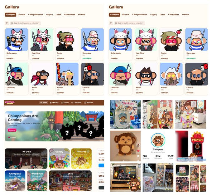 Screenshots of a 'Gallery' page featuring collections of cartoon NFT-style monkey characters called 'Chimpanions' with options for Genesis, Legacy, and other categories.