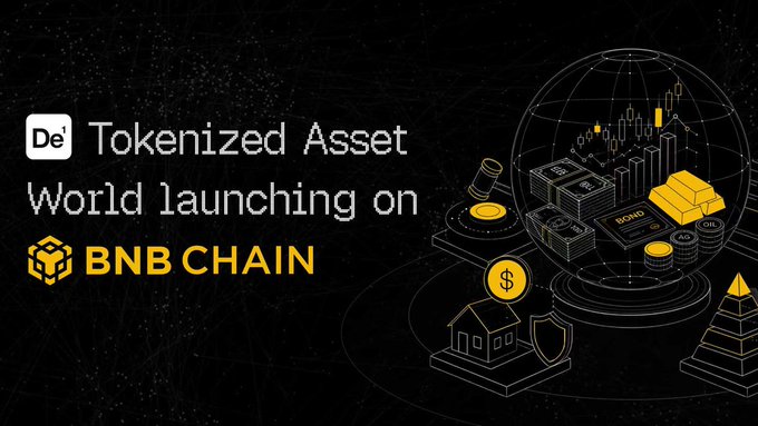 A promotional graphic announcing 'DeTokenized Asset World launching on BNB CHAIN', featuring icons of a globe, charts, gold bars, coins, and a house.