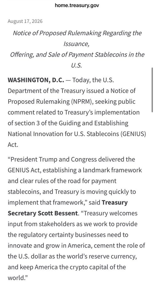 The image shows a U.S. Treasury press release dated August 17, 2026, announcing a Notice of Proposed Rulemaking to implement Section 3 of the GENIUS Act regarding payment stablecoins, featuring a quote from Treasury Secretary Scott Bessent. The accompanying post celebrates this development as a milestone for stablecoin regulation under President Trump, tying the Treasury's rulemaking announcement directly to the passage and forthcoming implementation of the GENIUS Act.