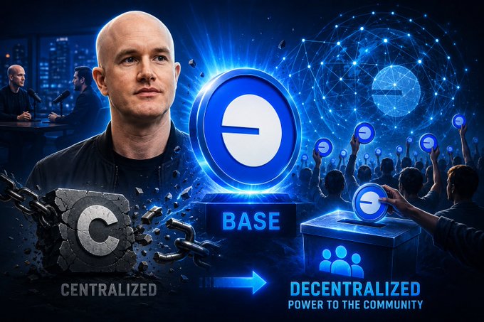 A digital composite image features Brian Armstrong alongside a large "BASE" logo, with visuals contrasting a broken "CENTRALIZED" chain link against a thriving crowd holding "BASE" tokens under a "DECENTRALIZED POWER TO THE COMMUNITY" banner, illustrating Coinbase's CEO confirming the potential launch of a $BASE token and its shift toward decentralization.