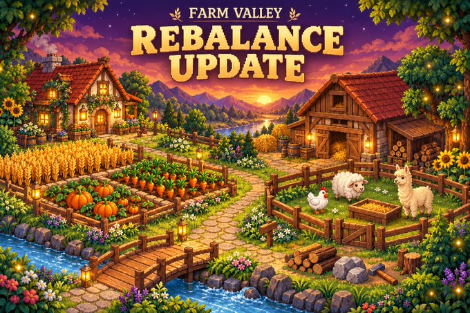 An illustrated 'Farm Valley Rebalance Update' graphic depicting a charming countryside scene with a cottage, barn, vegetable garden, chickens, a llama, and a sunset over mountains.