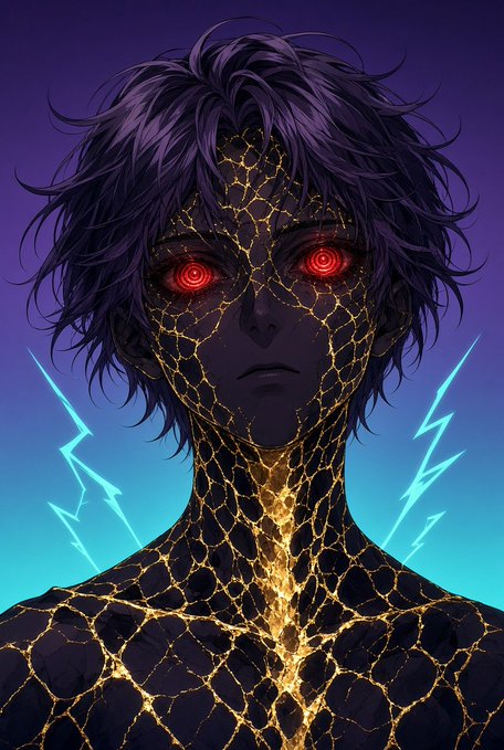An anime-style illustration of a dark-haired male character with glowing red spiral eyes and a body covered in golden glowing cracks, set against a purple and teal background with lightning bolts.