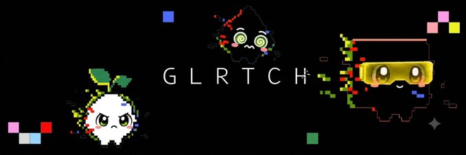 Pixel art banner with the text 'GLRTCH' featuring three glitchy character mascots (a plant-like creature, a ghost-like figure, and a retro computer monitor face) on a black background with colorful scattered pixels.