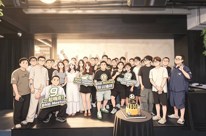 A group photo of the BNB Meetup community with around 20 people posing indoors, holding signs reading 'Build Together Cheer Together,' 'BNB Meetup 星光社区,' and 'BNB Community One Goal,' with a cake on a table in front.