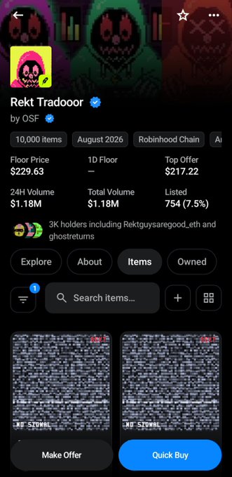 An OpenSea NFT collection page for 'Rekt Tradooor' by OSF showing a Floor Price of $229.63, 24H Volume of $1.18M, and 10,000 items.