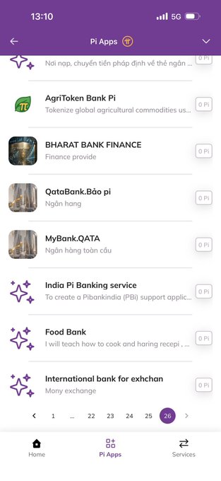 A screenshot of the Pi Apps marketplace showing page 26 of banking and finance-related apps, including "AgriToken Bank Pi," "BHARAT BANK FINANCE," "QataBank," "MyBank.QATA," "India Pi Banking service," "Food Bank," and "International bank for exchan," all displayed with "0 Pi" pricing. The image visually supports the post's message about Pi ecosystem growth by showcasing the expanding variety of financial applications being developed within the network.
