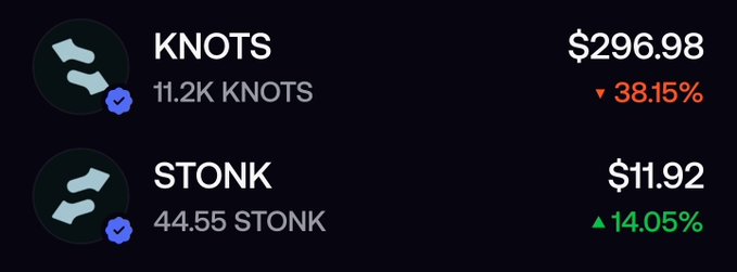 A cryptocurrency tracker displays KNOTS at $296.98, down 38.15%, and STONK at $11.92, up 14.05%.