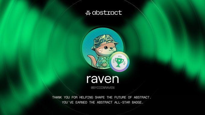 An Abstract platform notification for user 'raven' (@YCOINRAVEN) with a green background, displaying an otter mascot character and a trophy badge, with text thanking them for helping shape the future of Abstract.