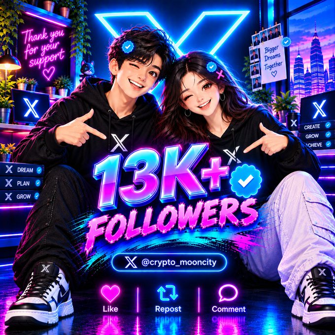 The image is a vibrant neon-style promotional graphic celebrating a "13K+ FOLLOWERS" milestone for the X (Twitter) account @crypto_mooncity, featuring two stylized anime-like figures pointing toward the achievement alongside social media engagement icons (Like, Repost, Comment) and X branding, directly illustrating the post's offer to help users reach a similar 13K+ follower growth milestone.