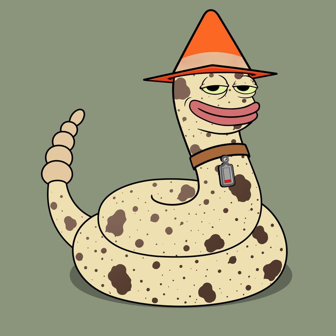 A cartoon illustration depicts a smiling, spotted, worm-like creature wearing an orange traffic cone hat and a dog collar.