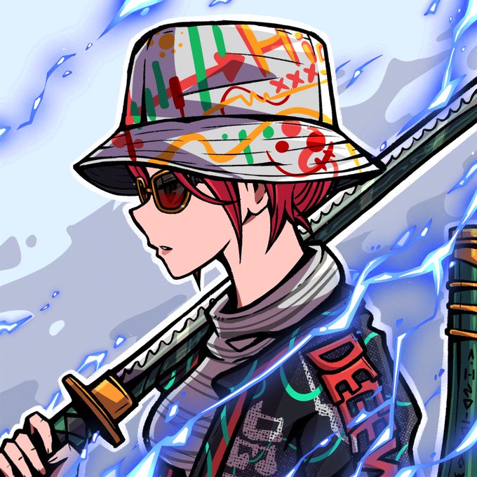 An anime-style illustration of a character with pink hair wearing a patterned bucket hat, sunglasses, and a dark jacket with Japanese text, holding a large sword with blue energy crackling around them.