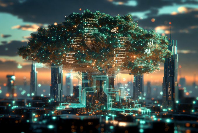 A glowing digital tree intertwined with circuitry and code looms over a cyberpunk cityscape at dusk, visually symbolizing the fusion of nature and technology central to "sovereign onchain apps." The letters "AI" and "CNPY" are faintly visible among the branches, linking the imagery directly to @CNPYNetwork's vision of building AI-powered infrastructure that empowers developers to create with true ownership and speed.