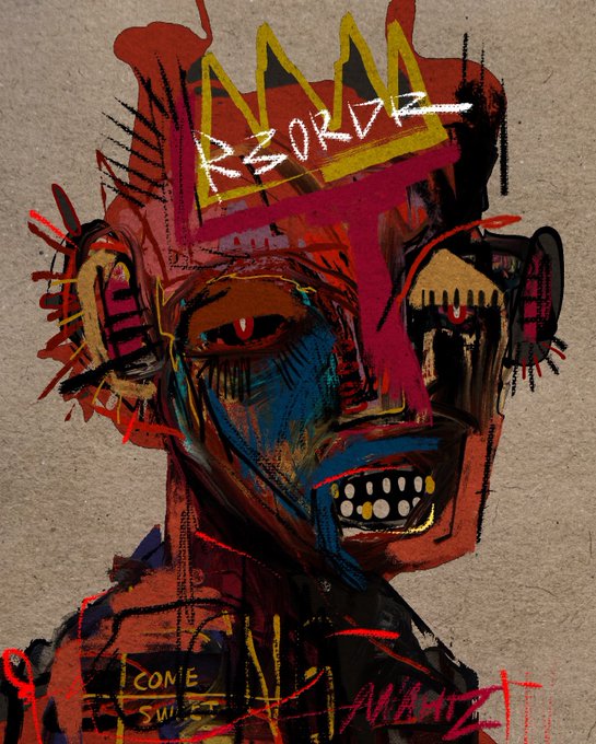 A neo-expressionist mixed-media portrait of a crowned figure with bared teeth and a graffiti-covered face, featuring the scrawled text "R3ORDR" on the crown and "COME SWEET AMBITION" near the bottom—visually echoing the post's shout-out to the artist @R3ORDR.