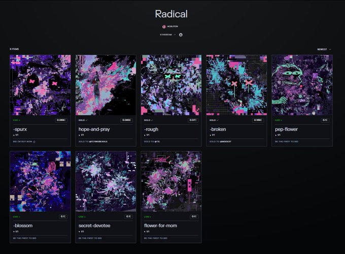 A screenshot of a digital storefront or platform titled 'Radical' on ROLLCOM, displaying a grid of colorful abstract digital art pieces with names like 'spurx,' 'hope-and-pray,' and 'rough,' each marked as 'SOLD TO' a specific user.