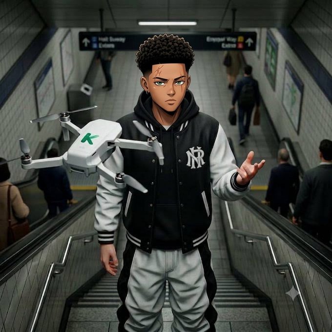 An anime-style illustration of a young man in a black and white NY varsity jacket standing on subway stairs with a white quadcopter drone hovering beside him.