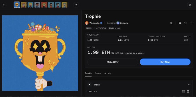 NFT marketplace listing for a trophy NFT by WackyVille owned by Ooxgmz, priced at 1.99 ETH ($4,111.30) on Ethereum.