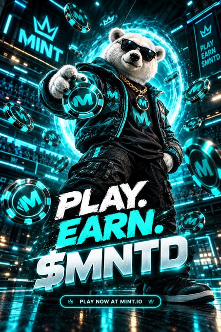 A cool bear mascot wearing sunglasses and a "M" medallion stands surrounded by floating $MNTD coins, with bold text reading "PLAY. EARN. $MNTD" and "PLAY NOW AT MINT.IO" promoting the PlayOnMint platform. The ad reinforces the post's message about collecting and leveling up MintABears using $MNTD tokens while only one Bear can connect to MINT Status.
