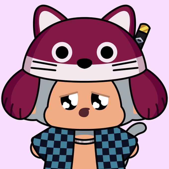 A cartoon character wearing a maroon cat-themed hat with ears and whiskers, along with a black and teal checkered shirt, has large emotional eyes and a cat tail.