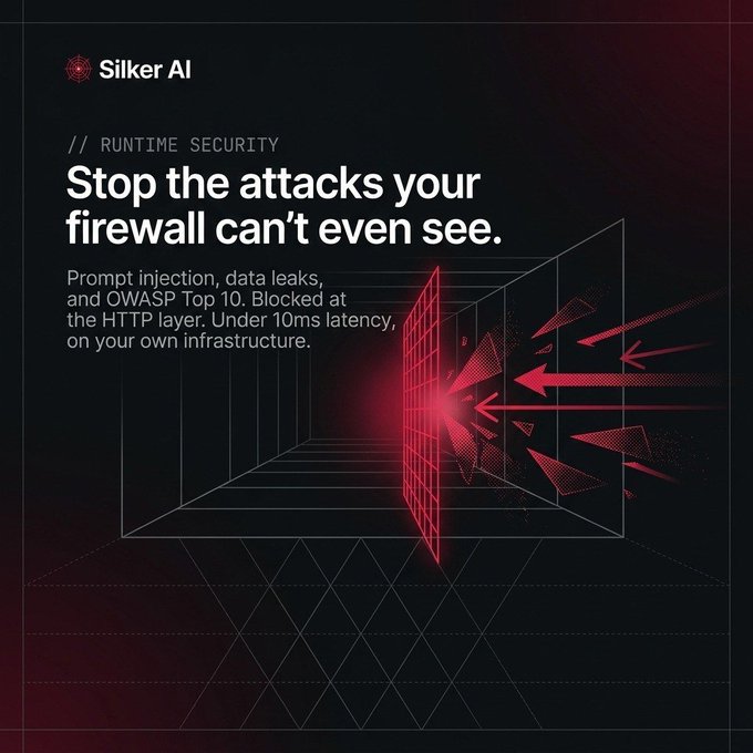 A promotional graphic for **Silker AI** featuring the headline "Stop the attacks your firewall can't even see." under a "RUNTIME SECURITY" tag, with a red geometric design of arrows being blocked by a barrier. The image advertises Silker AI's runtime security solution that blocks prompt injection, data leaks, and OWASP Top 10 threats at the HTTP layer with under 10ms latency, complementing the post's announcement of the project's Solana ecosystem tools and $SILKAI token listing on Meteora DBC via Orynth.