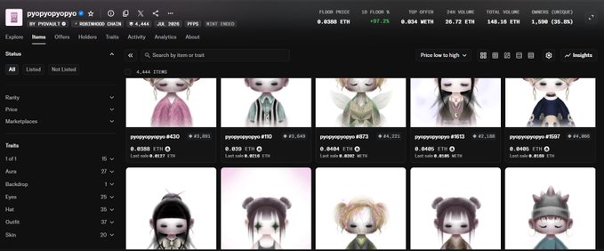 Screenshot of the Pudgy Penguins NFT collection page on OpenSea, showing floor price 0.03886 ETH (down 97.21%), with 1,500 listings and various traits filterable on the left sidebar.