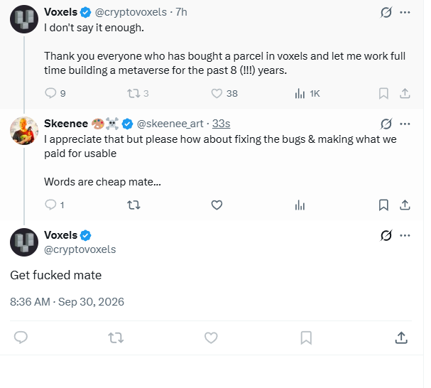 A Twitter exchange where Voxels (@cryptovoxels) thanks users for 8 years of support, Skeenee (@skeenee.art) responds asking for bug fixes, and Voxels replies 'Get fucked mate' on Sep 30, 2026.