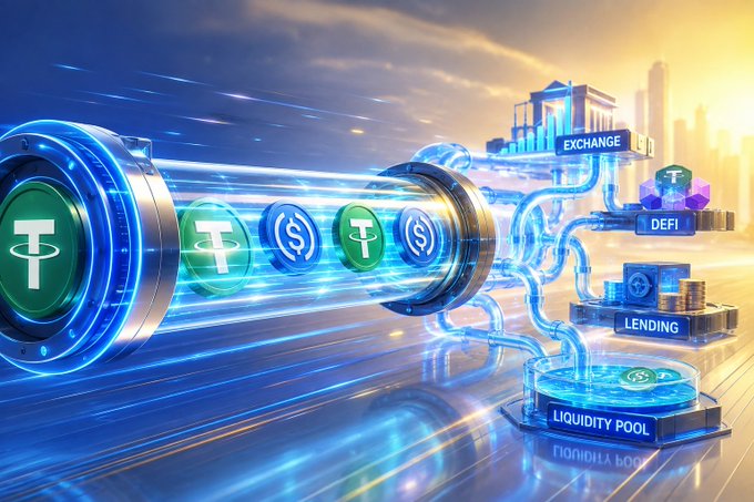 A futuristic digital illustration shows USDT (Tether) coins traveling through glowing blue tunnels toward various crypto platforms labeled 'EXCHANGE', 'DEFI', 'LENDING', and 'LIQUIDITY POOL'.