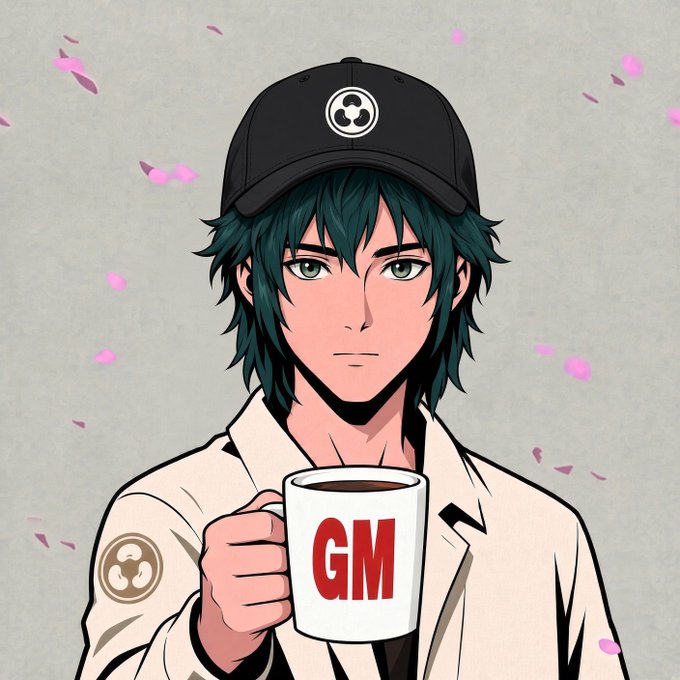 Anime-style digital artwork of a green-haired character wearing a black cap and white coat, holding a white mug that reads "GM" in red letters.