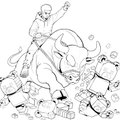 A simple line drawing shows a bald man riding an elephant while being carried by many small figures, possibly Japanese folklore or mythological characters.