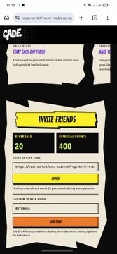 A mobile screenshot of code.market showing 'STAFF EACH DAY' rewards and an 'INVITE FRIENDS' section with 20 referrals and 400 friends needed, featuring custom invite code '651fcca'.