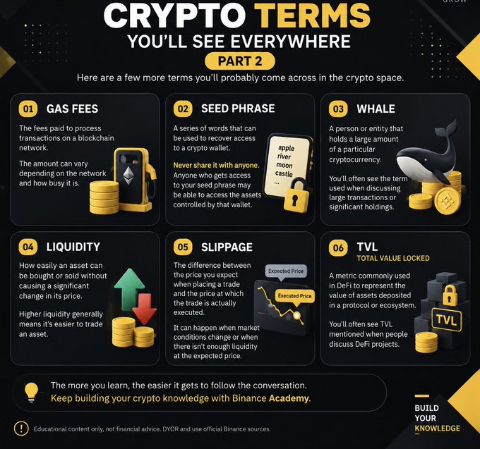 An educational infographic titled 'CRYPTO TERMS YOU'LL SEE EVERYWHERE PART 2' defines six terms: Gas Fees, Seed Phrase, Whale, Liquidity, Slippage, and TVL (Total Value Locked).