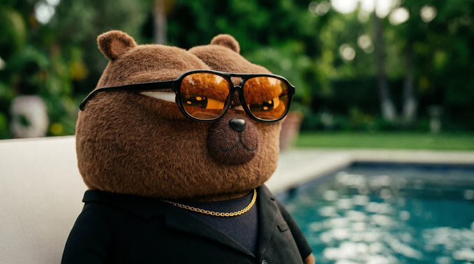 A CGI-rendered brown bear wearing sunglasses, a gold chain, and a dark suit jacket, standing near a swimming pool with palm trees in the background.