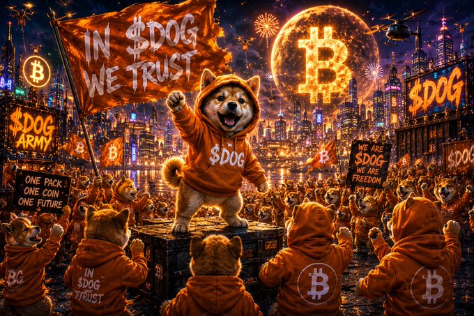 A vibrant AI-generated digital artwork depicting a Shiba Inu dog in a hoodie leading a massive crowd of similarly-dressed dogs in a rally, with banners reading 'IN $DOG WE TRUST', '$DOG ARMY', and 'WE ARE $DOG WE ARE FREEDOM' set against a glowing Bitcoin symbol and cityscape.
