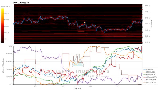 The image displays a BTC/USDT 2-week chart featuring a Cumulative Volume Delta (CVD) heatmap with red bands indicating selling volume, alongside a lower panel showing net CVD in dollars for various order size brackets ranging from $100 to $1M+. The chart spans approximately July through August, illustrating increased net buying activity particularly among "brown whales" (likely $100k to $1M orders), consistent with the post's observation of a positive buying trend with no significant large sell walls present.