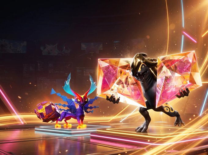 A digital artwork featuring two stylized creature characters, one purple and one black, holding glowing crystalline gems in a futuristic arena setting.