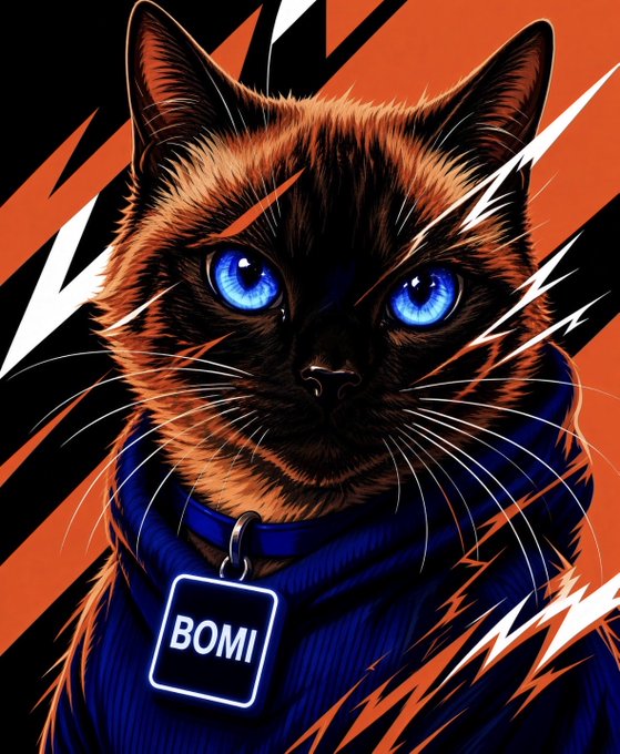 A digital illustration of a Siamese cat with bright blue eyes wearing a blue sweater and a tag labeled 'BOMI', set against an orange and black lightning-themed background.