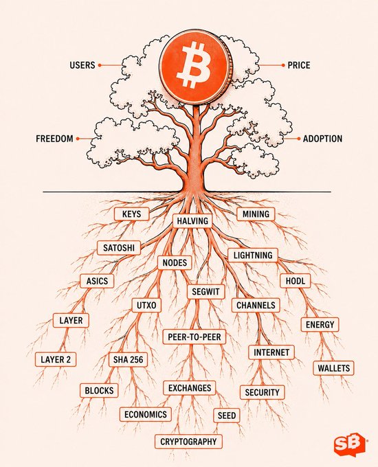 An illustrated Bitcoin "tree of life" features a ₿ coin as the canopy above ground, branching into core concepts like "Users," "Price," "Freedom," and "Adoption," while an intricate root system below spreads into foundational elements including "Keys," "Halving," "Mining," "Satoshi," "Lightning," "Nodes," "HODL," "Layer 2," "SHA 256," "Cryptography," and "Wallets."