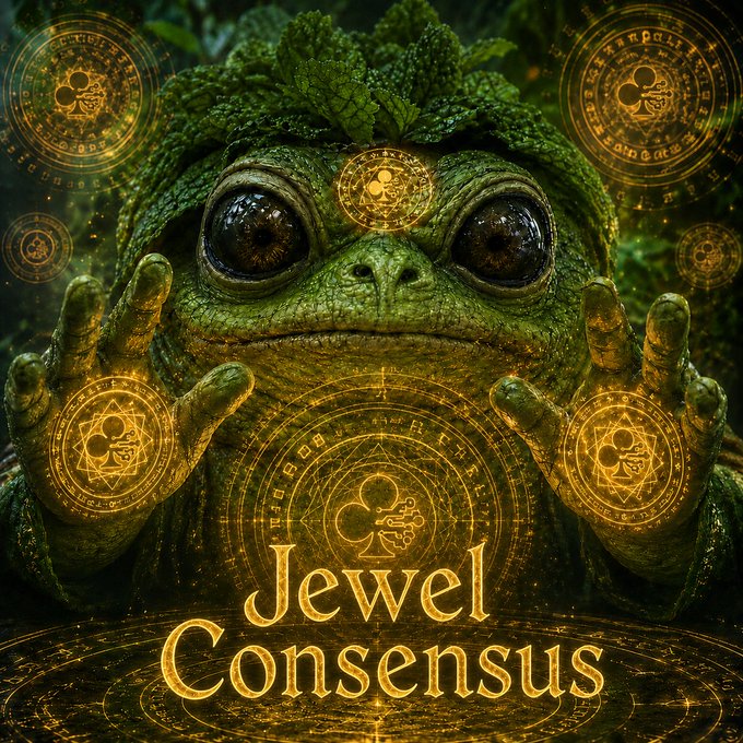 A fantasy illustration of a green lizard-like creature surrounded by glowing golden mystical symbols and circles, with the text 'Jewel Consensus' displayed at the bottom.