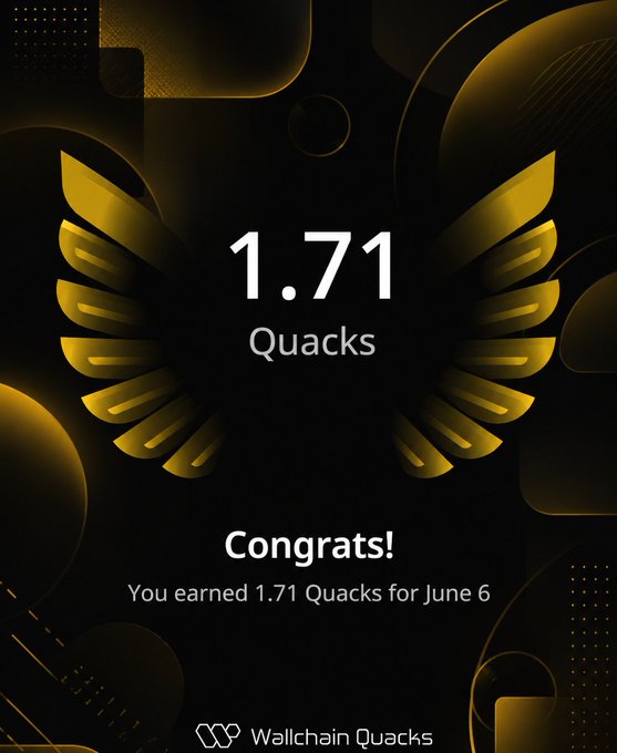 The image shows a leaderboard for Quacks, with a gold background featuring a bird's wing design. The text at the top of the image reads "gQuack seeing progress on the @wallchain Quacks" and "concludes! You earned 1,711 Quacks for June 6". Below this, there is a list of Quacks' names and their corresponding ranks in the leaderboard.